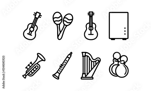 Outline icons of musical instruments: guitar, maracas, cajón, trumpet, clarinet, harp, castanets