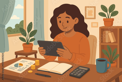 Young woman managing personal finances on a digital tablet at a cozy home office. Concept of online banking, budgeting, saving money, investment, and financial planning.