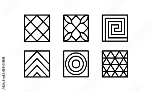 Collection of six geometric line art designs in black on white background