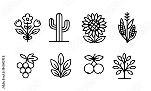 Set of eight minimalist floral and plant outline icons