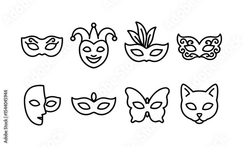 Set of eight decorative masks: jester, feathers, butterfly, cat designs