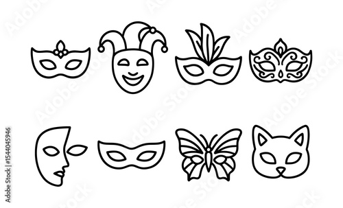 Various decorative masks: jester, cat, butterfly, venetian, mardi gras designs