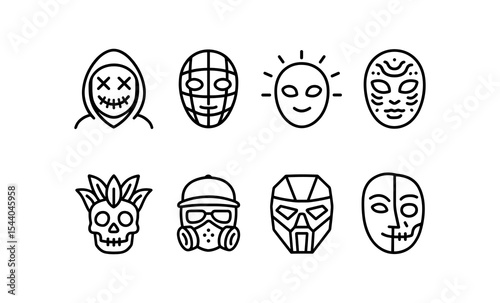 Set of eight unique mask designs featuring various styles and expressions