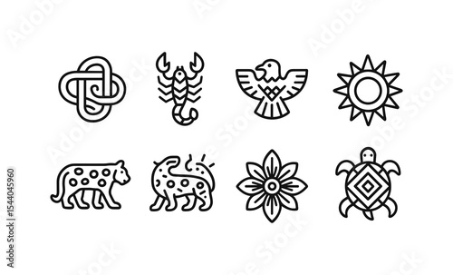 Geometric animal and nature symbols: scorpion, eagle, sun, jaguar, flower, turtle