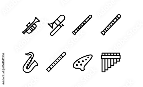 Set of eight iconic wind musical instruments in black and white