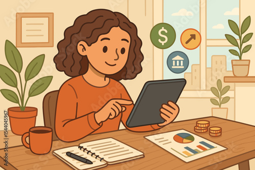 Young woman at home office desk managing personal finances with a tablet. Concept of online banking, investment, savings, and budgeting. Financial planning cartoon vector illustration.