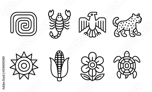 Black and white outline of aztec and nature symbols including animals and plants