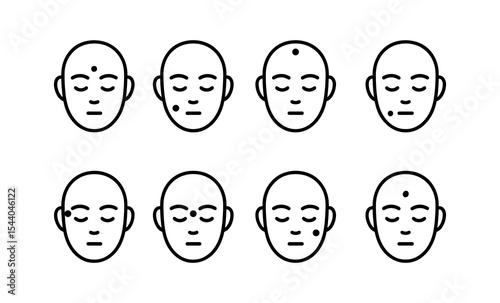 Facial acupuncture points on eight male faces with minimalistic design