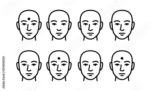 Eight illustrations of human faces with minimalist line art style
