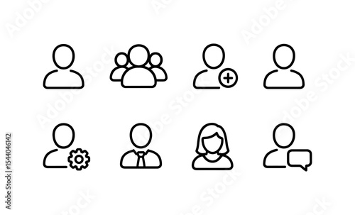 Simple black line icons of people and user interface elements