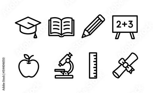 Education icons: graduation cap, book, pencil, math board, apple, microscope, ruler, diploma