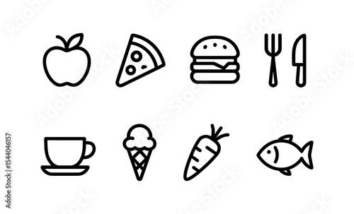 Set of food icons including apple pizza burger ice cream carrot and fish