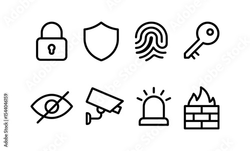 Security icons: lock, shield, fingerprint, key, privacy, camera, alarm, firewall
