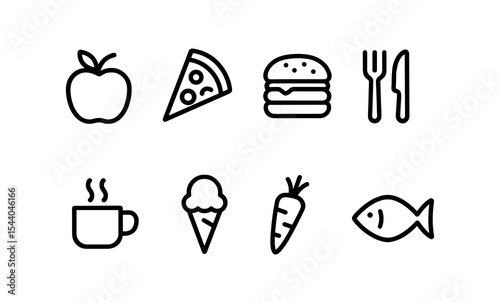 Simple food icons: apple, pizza, burger, utensils, coffee, ice cream, carrot, fish