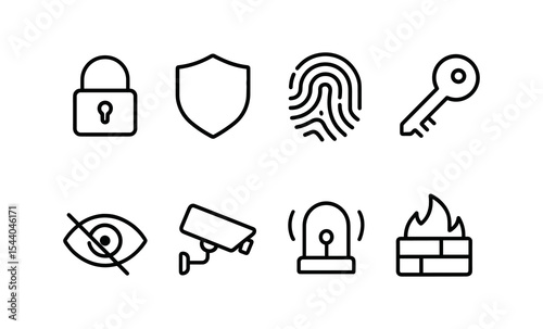 Security icons set: lock, shield, fingerprint, key, privacy, surveillance, alarm, firewall