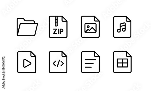 Set of eight simple file type icons including zip, image, music, and code