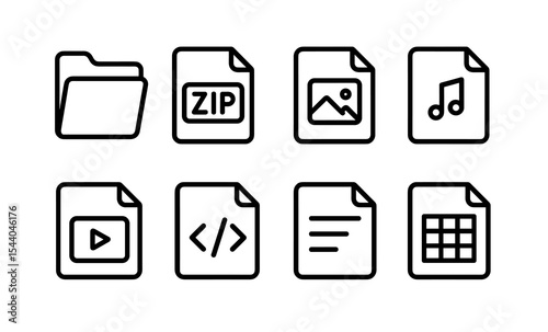 Set of outline icons: folder, zip, image, music, video, code, text, spreadsheet files