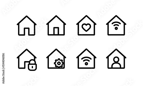 Minimalist home icon set featuring security, wi-fi, and technology symbols