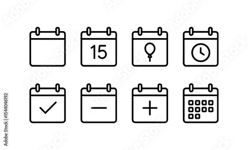 Simple calendar icons with dates, balloon, clock, check, minus, plus, and grid symbols
