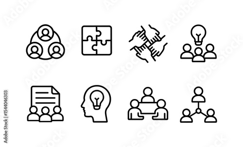 Teamwork and collaboration icons set featuring people, puzzle pieces, and light bulbs