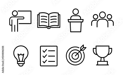 Education and goals icon set with book, checklist, target, and trophy symbols