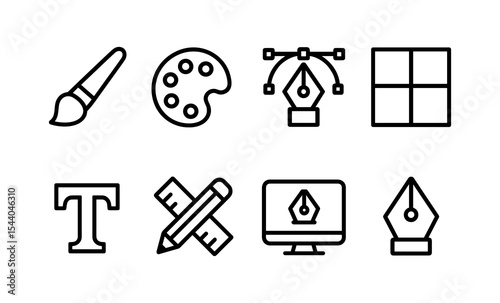 Art and design tools icons: brush, palette, vector, grid, text, ruler, monitor, pen