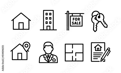 Real estate icons set illustrating house apartment for sale keys and floor plan