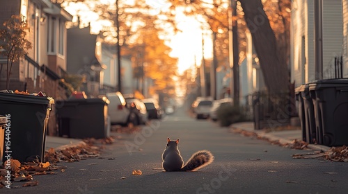 Curious squirrel standing on a suburban street sidewalk during autumn