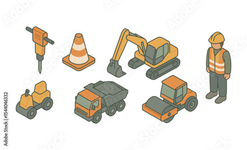 Isometric construction equipment and worker illustration
