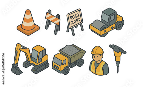 Construction equipment and worker illustration with vehicles and tools