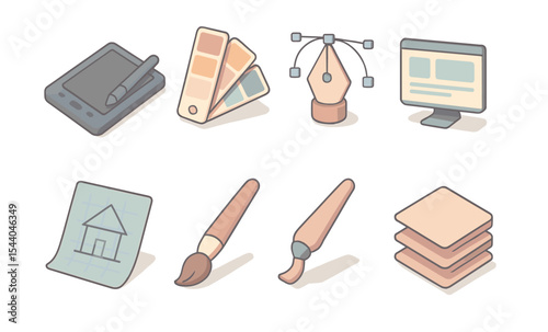 Graphic design tools icon set featuring tablet, color swatches, pen tool, and brushes