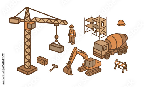 Construction site tools and vehicles with worker