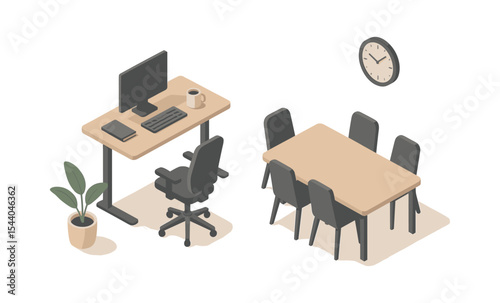 Isometric office setup with desk, computer, conference table, and wall clock on white background