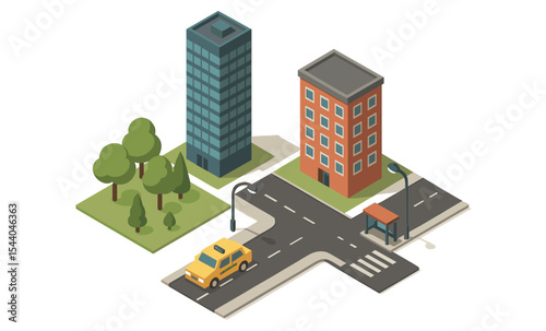 Isometric city scene with buildings, trees, taxi, and crosswalk