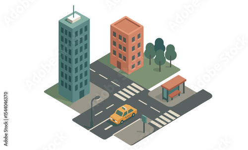 Isometric cityscape with taxi, buildings, trees, and bus stop on crossroads