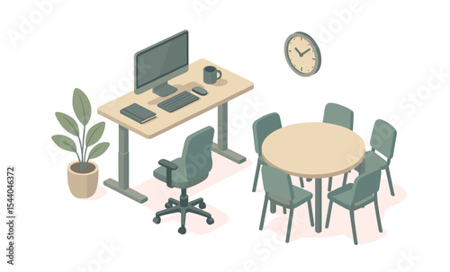 Modern home office workspace with computer desk and meeting area