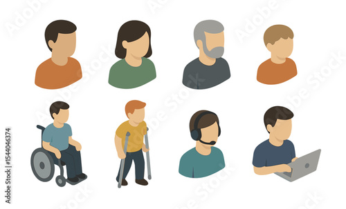 Diverse male and female avatars: disabilities, ages, ethnicities