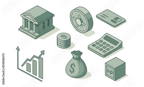 Isometric financial icons collection featuring bank, safe, credit card, and money symbols