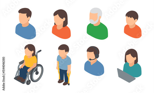 Diverse people icons: various genders, ages, abilities, and professions in isometric style