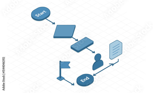 Blue isometric flowchart diagram with steps and arrows on grid background