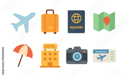 Travel icon set featuring plane, luggage, passport, map, umbrella, hotel, camera, ticket