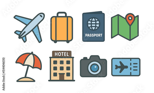 Travel icon set: airplane, luggage, passport, map, hotel, camera, ticket, umbrella