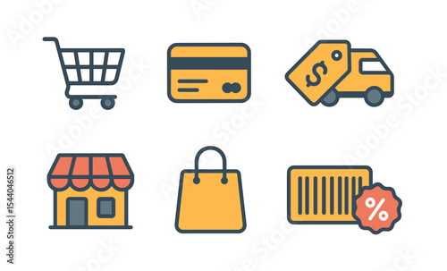 E-commerce icons: shopping cart, credit card, price tag, store, shopping bag, discount