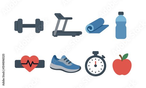 Fitness and exercise icons: dumbbell, treadmill, yoga mat, water bottle, heart monitor, shoe, stopwatch, apple