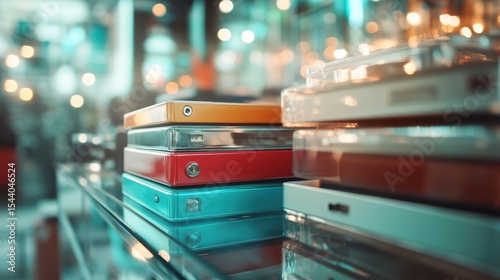 Colorful audio cassette tapes are neatly stacked, highlighting the vintage charm and nostalgia of music collection from earlier decades.