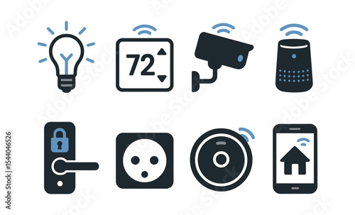 Smart home icons: light bulb, thermostat, security camera, smart speaker, door lock, power outlet, doorbell, smartphone