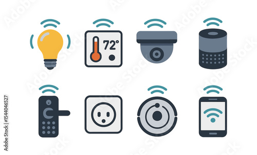 Smart home devices icons: lightbulb, thermostat, camera, speaker, door lock, socket, sensor, smartphone