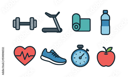 Fitness essentials icons: dumbbell, treadmill, yoga mat, water bottle, heartbeat, sneakers, stopwatch, apple