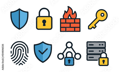 Cybersecurity icons: shield, lock, firewall, key, fingerprint, protection, network security