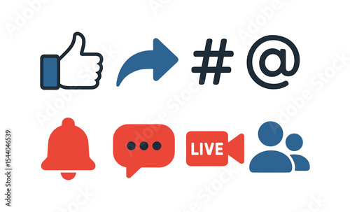 Social media icons: thumbs up, share, hashtag, mention, notification, chat, live video, group